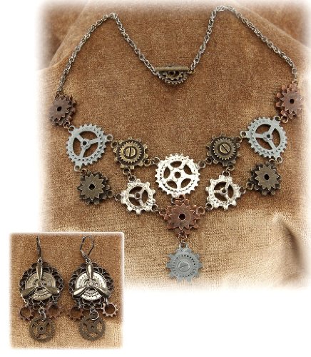 Steampunk Gear Necklace and Earrings Set