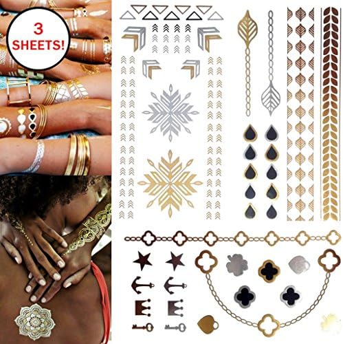 Metallic Jewelry Gold, Silver & Black Design Flash Tattoos, Temporary Bling- 3 Sheets 5.5" x 8.5"- Great Christmas Gift!