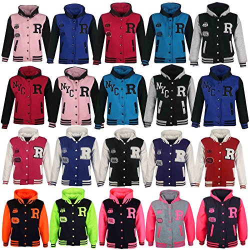 Kids Girls Boys R Fashion NYC FOX Baseball Hooded Jacket Varsity Hoodie 2-13 Yrs
