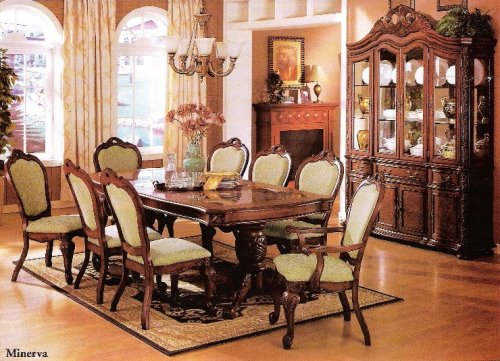 All new item 7 pc walnut finish wood Minerva Collection double pedestal dining room table set with marble top