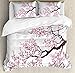 Ambesonne Japanese Duvet Cover Set, Branch of a Flourishing Sakura Tree Flowers And Cherry Blossoms In Spring Theme Art, A Decorative 3 Piece Bedding Set with Pillow Shams, Queen/Full, Pink Dark Brown