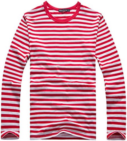Oure Men Cotton Long Sleeve Striped T Shirts Crewneck V-neck Casual Shirts (M, Crewneck-Red)