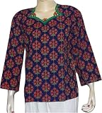 Ladies Kurta Long Sleeve Cotton Top Blouse Block Print Hand Embroidery Size L (tsht064)