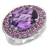 7.80 Carat Genuine Amethyst Ovals & Ruby Rounds Cluster Style Sterling Silver Ring