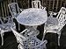 Gloss White Cast Aluminium Garden Furniture Oval 140cm, 4 Armhairs, Bench & Parasol Base