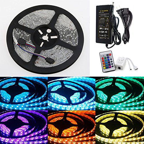 SINOMANN@16.4ft 5M Waterproof Flexible 300leds Color Changing RGB SMD5050 LED Light Strip Kit RGB 5M +24Key Remote+12V Power Supply