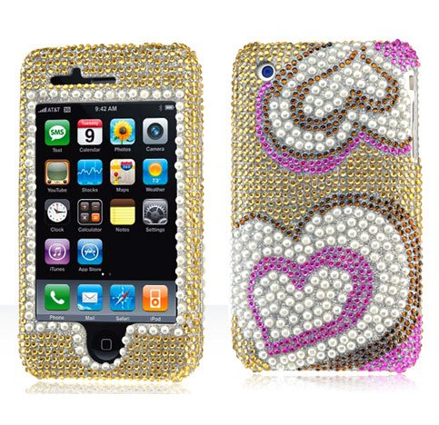 Luxmo Pink White Pearl Heart Full Diamond Rhinestones Bling Design - Snap On Hard Cover Protector Faceplate Case for AT&T Apple Iphone 3g 3gs