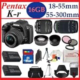 Pentax K-r Digital SLR Camera with 18-55mm F3.5-5.6 DA-L and 55-300mm DA-L Zoom Lenses (Black) + Complete SLR Lens Package