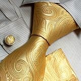 IMAGE OF Gold Paisley Woven Silk Neckie Hanky Cufflinks Gift Box Set yellow boyfriend presents H6066