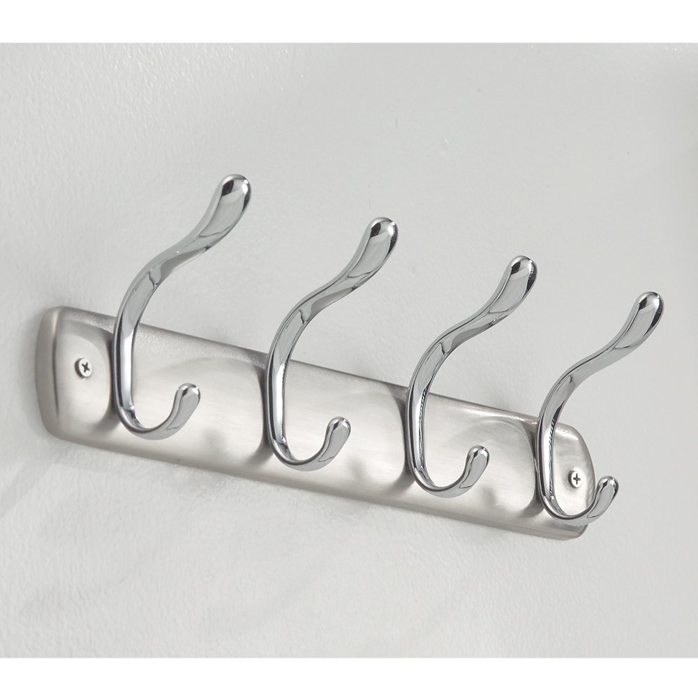 InterDesign Bruschia Wall Mount 4 Hook Rack, Brushed Nickel/Chrome
