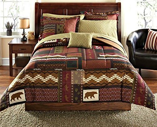 Southwest Cabin Bear TWIN XL Comforter Set (7 Piece Bed In A Bag) with Sleep Mask
