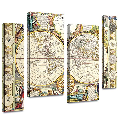 ArtWall Samuel Dunn 'Mappe Monde Carte Universelle De La Terre Dressee' 4-Piece Staggered Gallery Wrapped Canvas Artwork, 36 by 54-Inch
