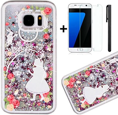 Galaxy S7 Case,Tebey [Liquid Flowing] Ultra Thin [Glitter] Bling Back Case Cover for S7,Hard Case Protective Shell Floating Sparkle Star Quicksand Case for Samsung Galaxy S7-Girl in White Dress