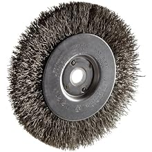Weiler Trulock Narrow Face Wire Wheel Brush, Round Hole, Stainless Steel 302, Crimped Wire, 4" Diameter, 0.0118" Wire Diameter, 1/2-3/8" Arbor, 7/8" Bristle Length, 1/2" Brush Face Width, 12500 rpm