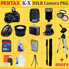 Pentax K-x Digital SLR Camera Kit(Black), with 18-55mm DA Lens + HUGE ACCESSORIES PACKAGE INCLUDING WIDE ANGLE MACRO LENS + 2X TELEPHOTO + 3 PC FILTER KIT + 8GB SDHC MEMORY CARD + AA BATTERIES WITH CHARGER + 2 CARRYING CASES + TRIPOD + MONOPOD & MUCH MORE INCLUDING FREE SHIPPING !!