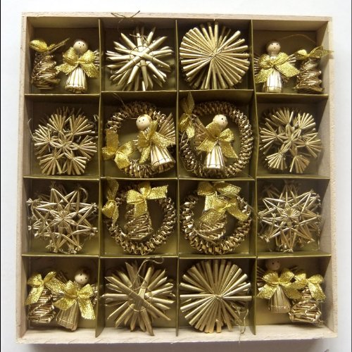 Christmas Straw Ornaments - Set of 48 pieces, Gold Finish