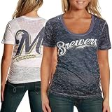 MLB Touch by Alyssa Milano Milwaukee Brewers Navy Blue-White Superfan Sublimated Sheer Burnout Premium T-shirt (Medium)