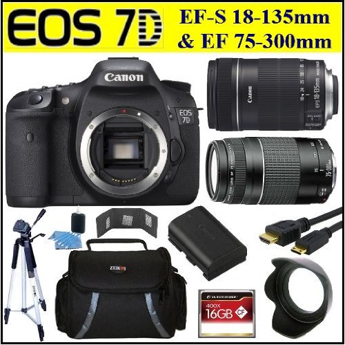 Canon EOS 7D 18 MP CMOS Digital SLR Camera w/ Canon EF-S 18-135mm f/3.5-5.6 IS Lens & Canon EF 75-300mm f/4.0-5.6 III Autofocus Lens 16GB Starters Package