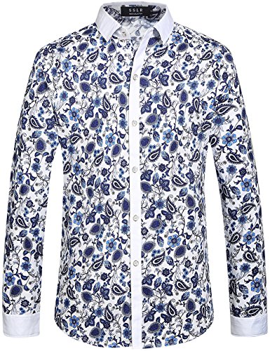 Sslr men s casual paisley printed long sleeve shirt (small, white…