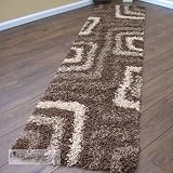 Brown Beige Thick Shaggy Modern Hall Carpet Floor Runner Rug