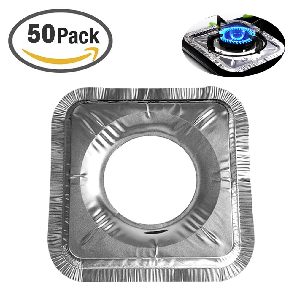 ZesGood 50 Pieces Thicker Aluminum Foil Square Stove Burner Covers, 8"×