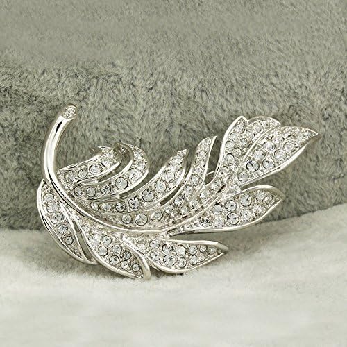 FM42 Silver-tone Full Pave Clear Crystal Feather Inspired Leaf Fashion Brooch Pin P1086