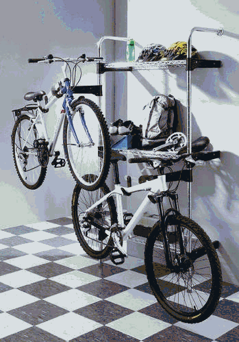 Wall Mount Tier Shelf Rack and Bike Hanger System with 3 Hangers