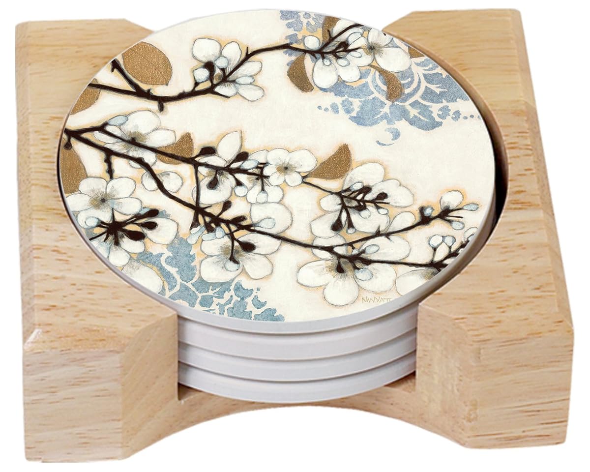 CounterArt Dogwood Branch Design Absorbent Coasters in Wooden Holder, Set of 4