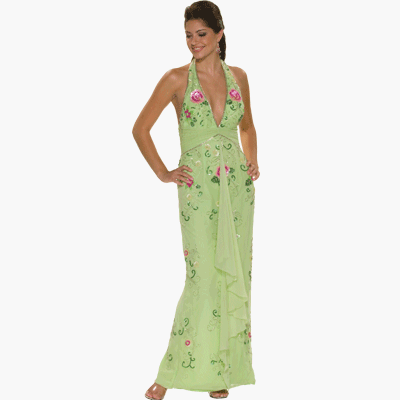 Formal Evening Gown. Lime Halter Beaded Dress for Prom, by Sean Collection (1980)