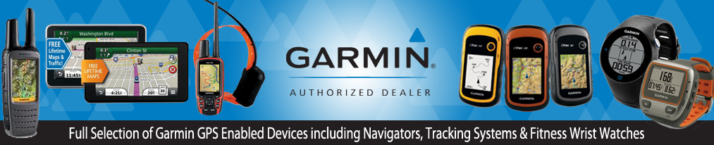 Garmin authorized dealer banner with GPS enabled devices, tracking systems, fitness watches, navigators