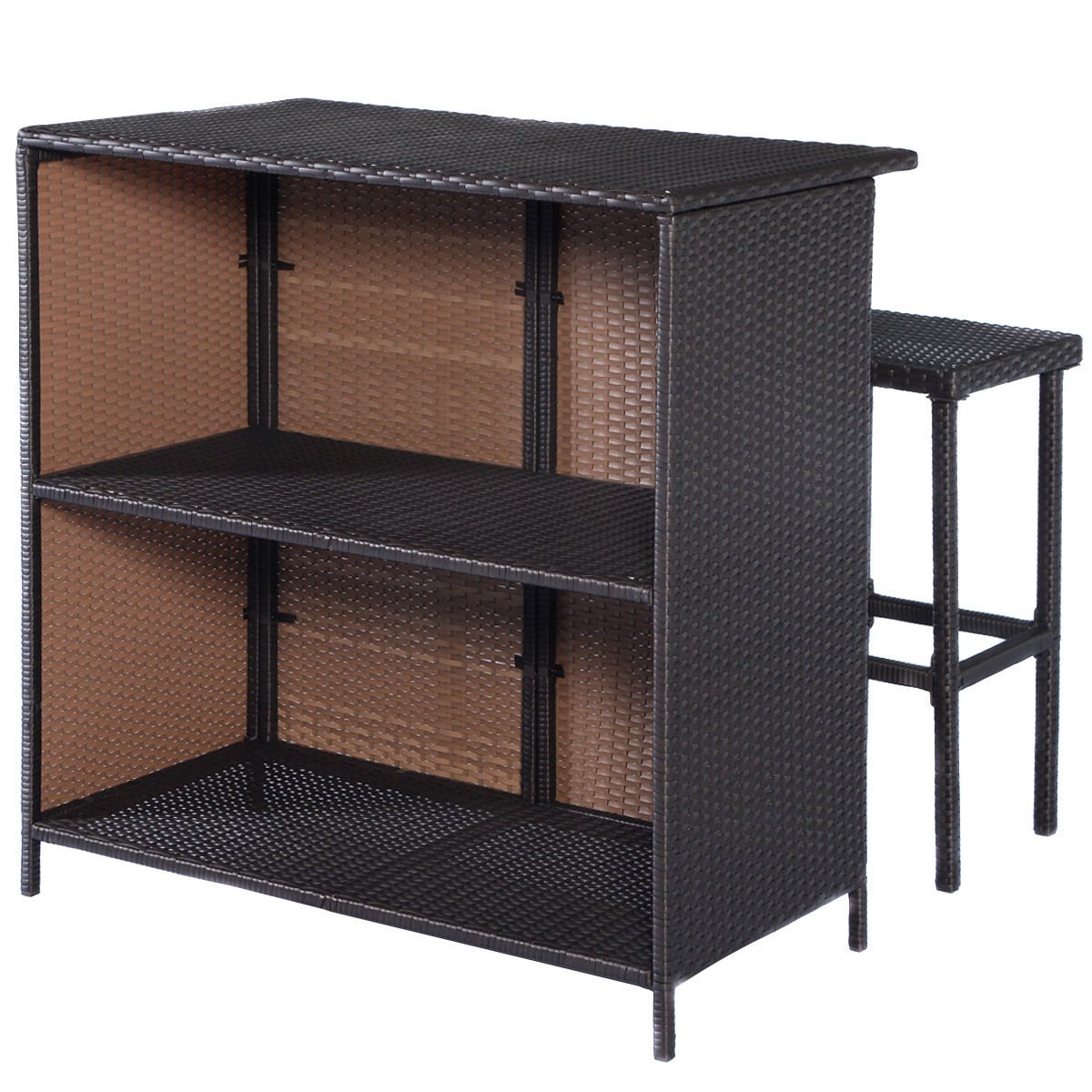 Tangkula 3PCS Rattan Wicker Bar Set Patio Outdoor Table & 2 Stools Furniture