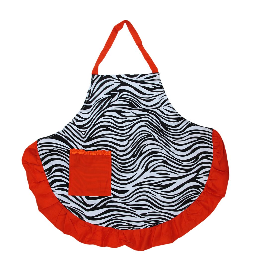 Zebra Print Apron with Orange Ruffle Trim and Pocket