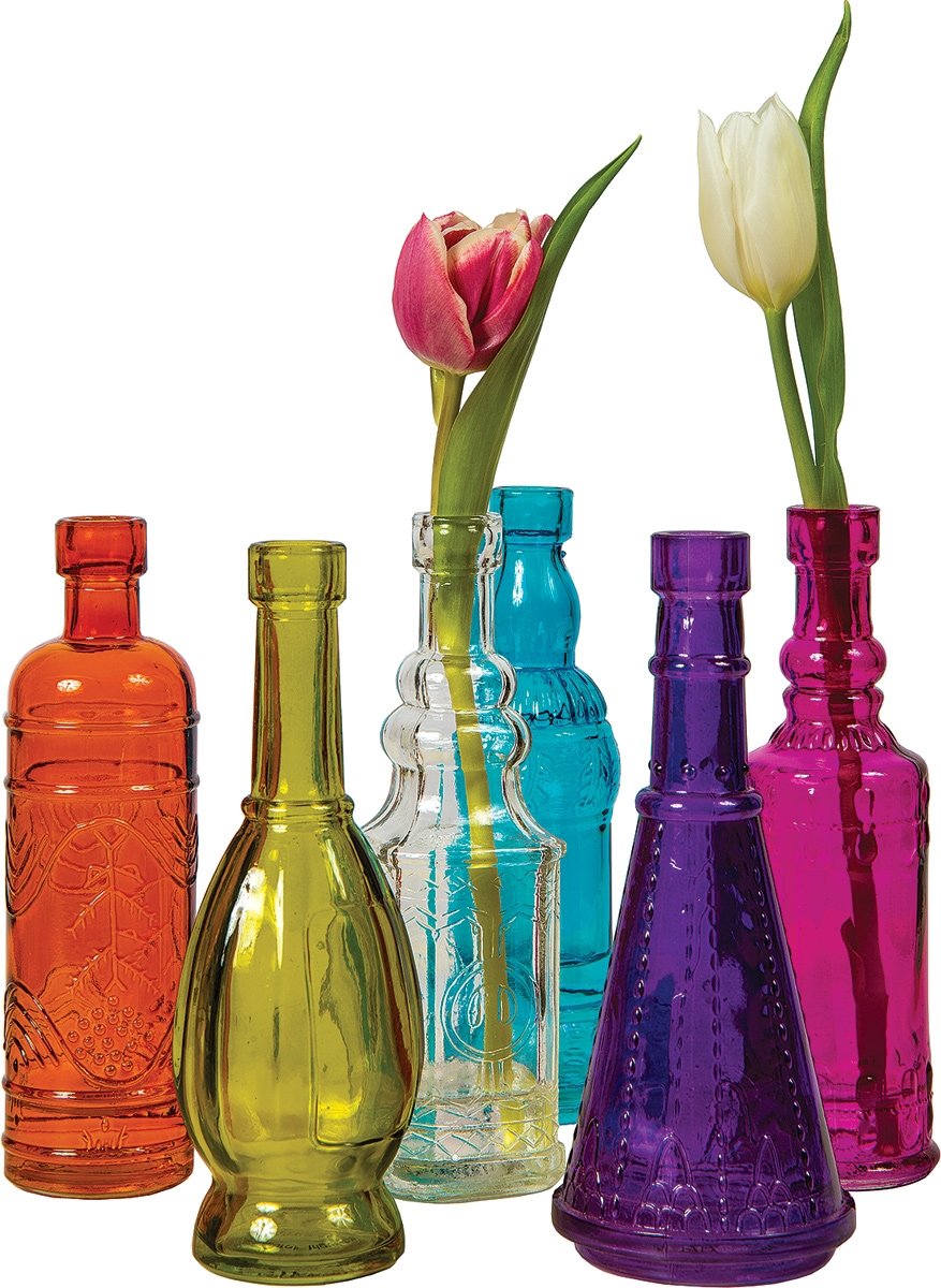 Luna Bazaar Small Vintage Glass Bottle Set (7Inch, Multicolor Glass