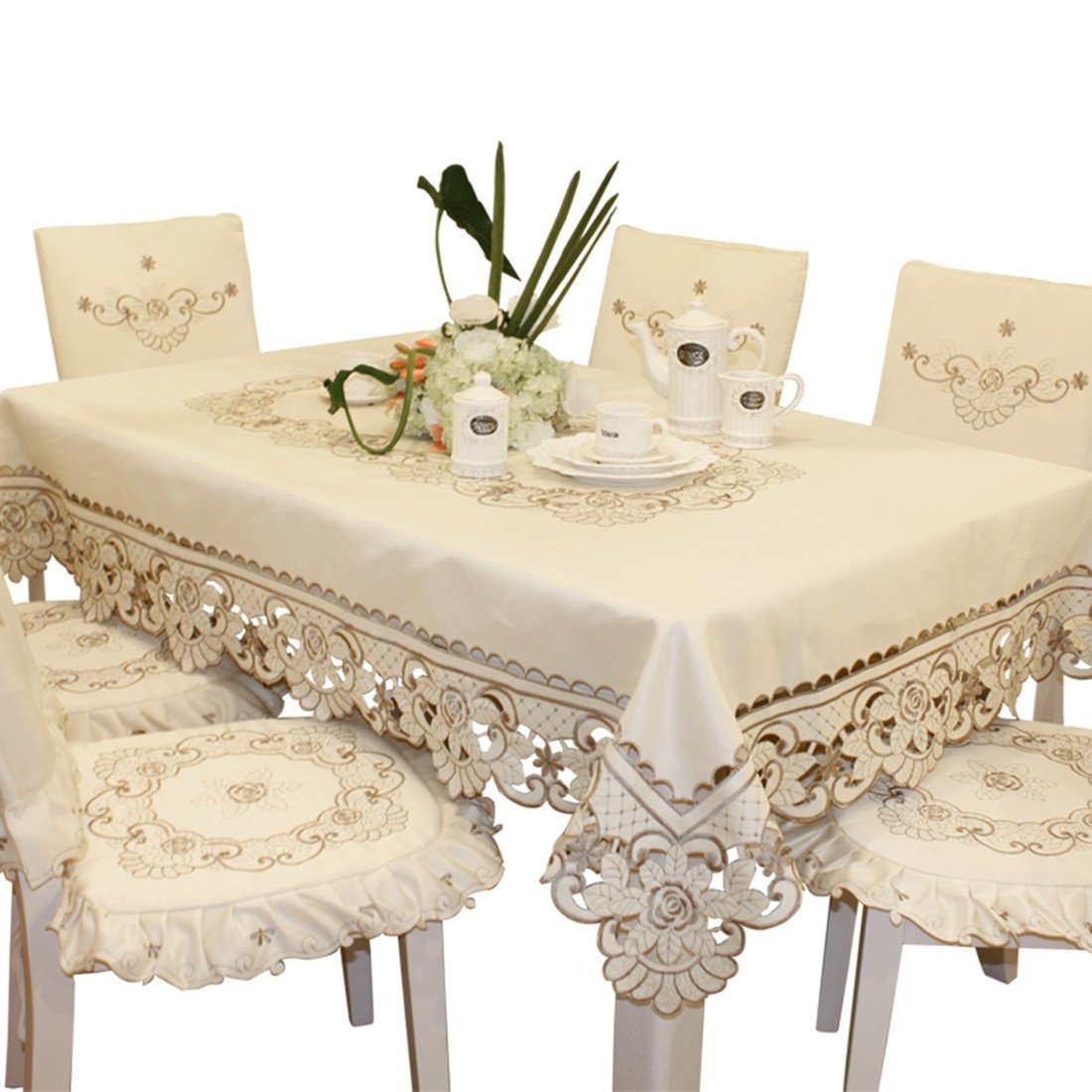 Brown flower embroidered lace dark white cream tablecloths for round
