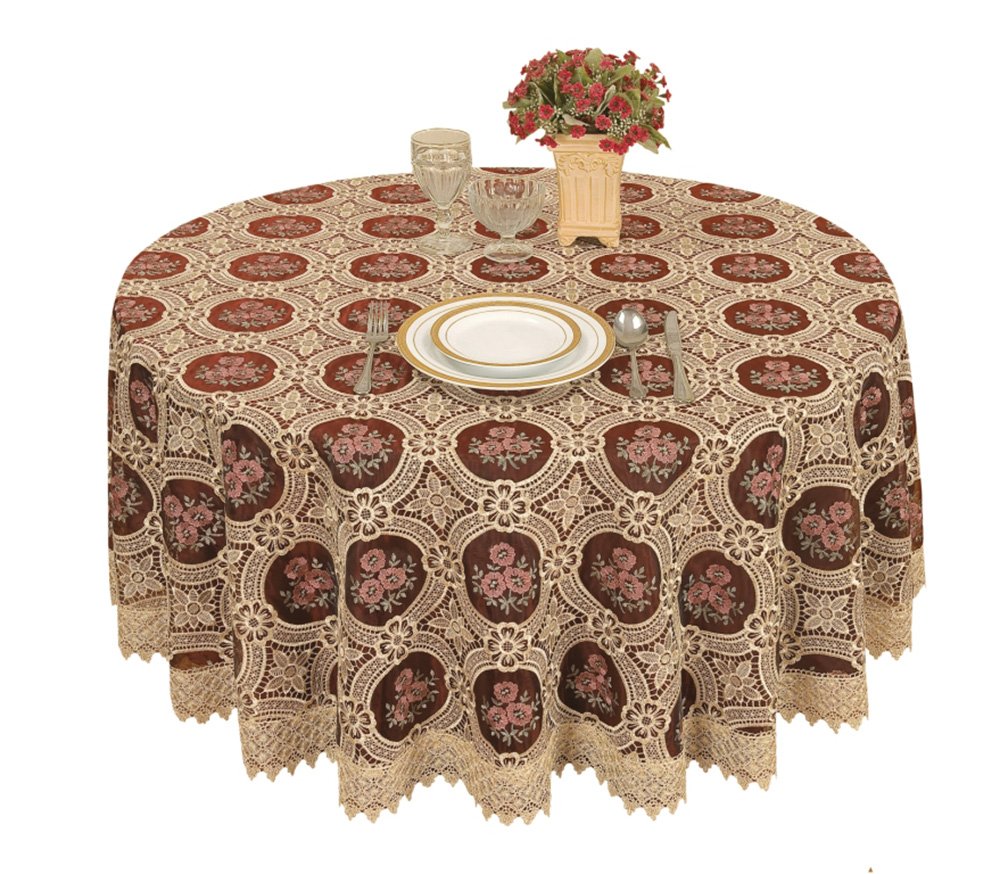 Vintage Elegant Beige Round Lace Tablecloth Linen Embroidered Flower