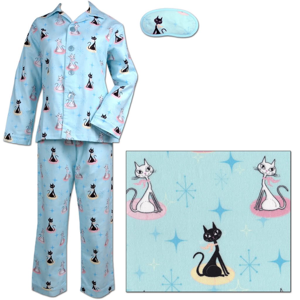 The Cat's Pajamas Blue Le Meow Cat Print Women's Cotton Flannel Pajama