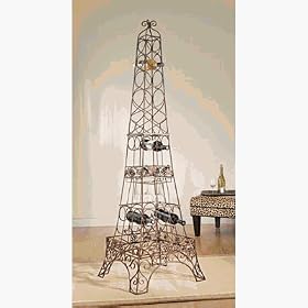 Eiffel Tower Wine Rack with Glass Holders in Brown Rust Finish by CBK