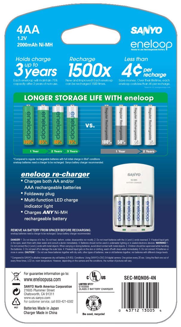 Amazon.com: eneloop AA with 4 Position Charger, 1800 cycle, Ni-MH ...