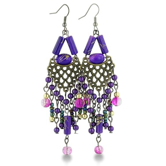 Purple and Pink Multi-Size Beaded Gold Tone 3.5 Inch Chandelier Earrings