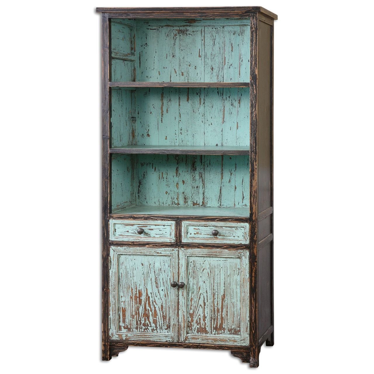 Aqua Turquoise Distressed Bookshelf Cottage Blue Bookcase Shelf