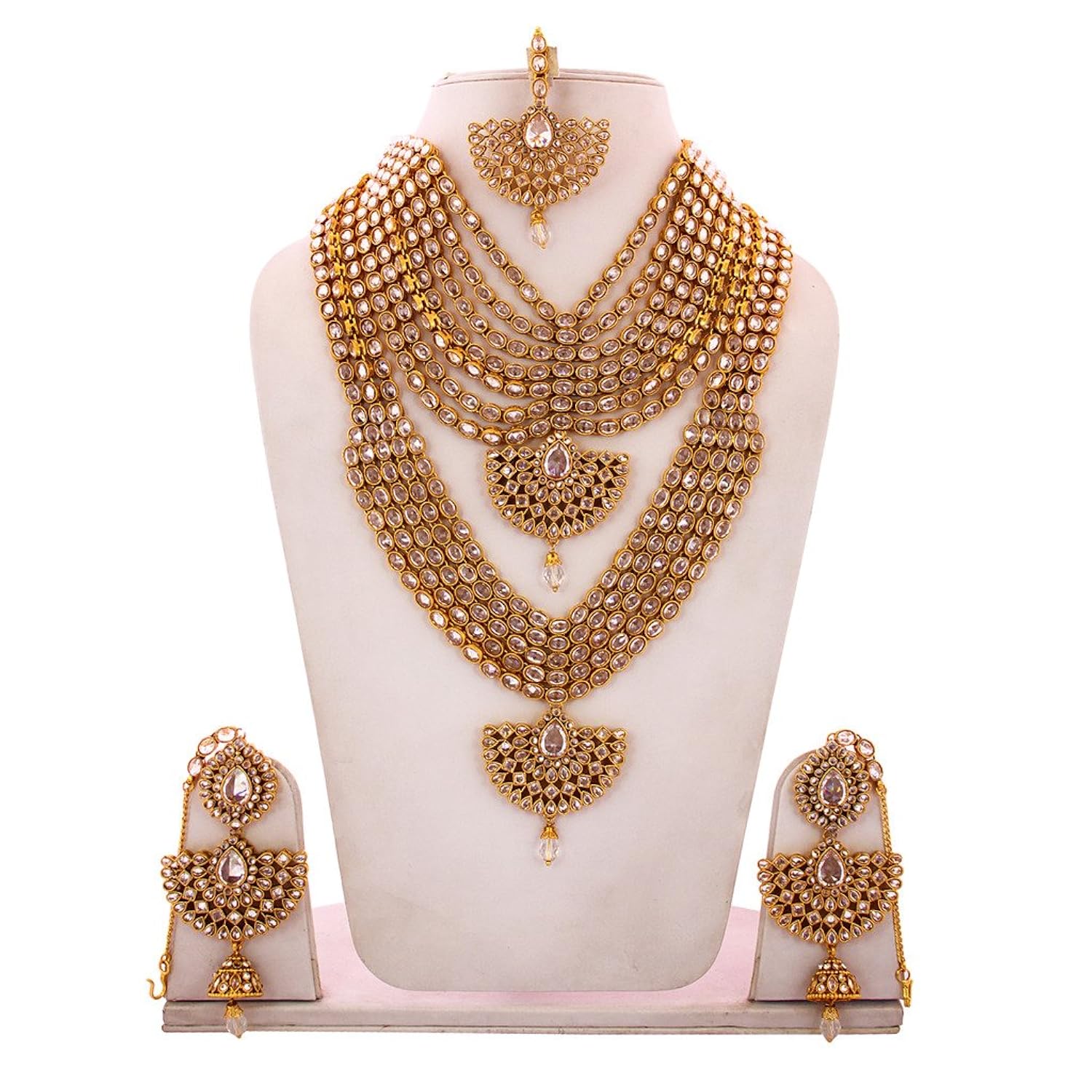 Jewelshingar Jewellery Antique Gold Plated Polki Kundan 8 Pieces Full Bridal Set For Girls 81027
