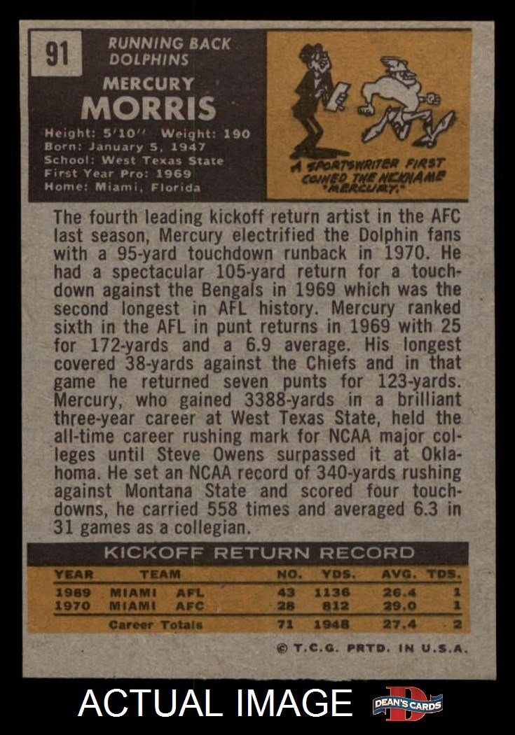 1971 Topps # 91 Mercury Morris Miami Dolphins (Football Card ... 1971 Topps # 91 Mercury Morris Miami Dolphins (Football Card ...