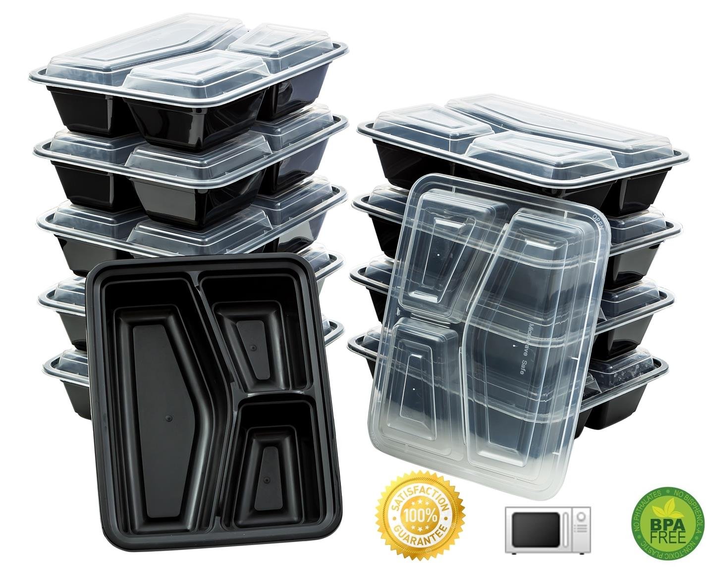 10 Meal Prep Containers 3 Compartment Food Storage Plastic Microwavable