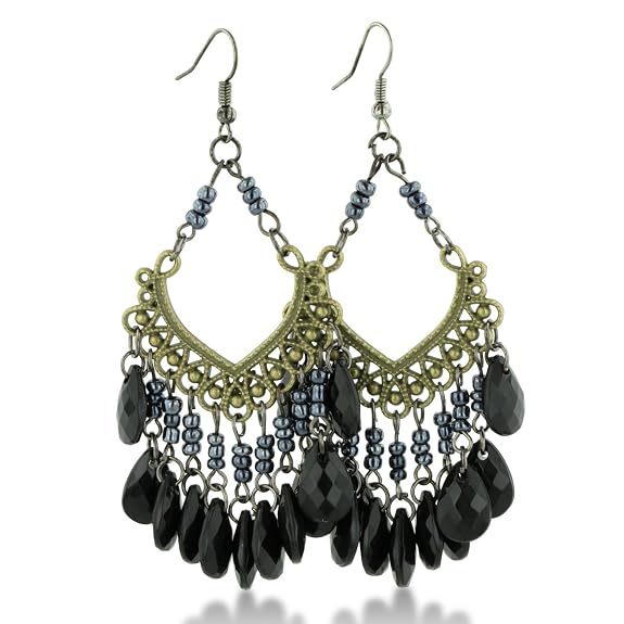 Vintage Inspired Black Faceted Beaded Gold Tone 3 Inch Chandelier Earring