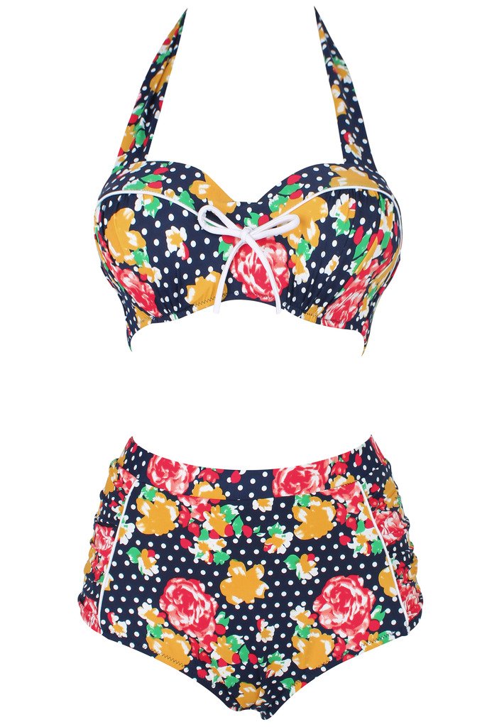 Swimsuit, Abary Vintage High Waisted Flowers Polka Dots Bikini