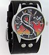 Large Flaming Dragon Wide Black Leather Band Circle Trendy Design Steel Black Dial Gothic Punk Biker Wristband Watch
