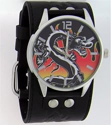 Large Flaming Dragon Wide Black Leather Band Circle Trendy Design Steel Black Dial Gothic Punk Biker Wristband Watch