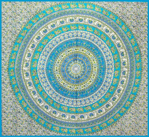 Turquoise & Yellow Elephant Circle Indian Tapestry - Mandala Wall Hanging for Dorms