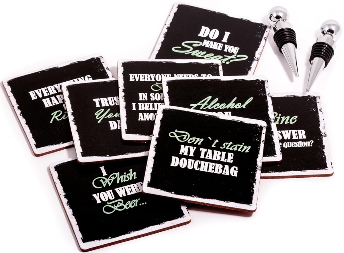 Set of 8 Premium Funny Coasters for Drinks- Large Size 4 inches Square - PLUS 2 Stainless Steel Ball Design Wine Bottle Stoppers - Bar Tools Collection by Prego Unlimited