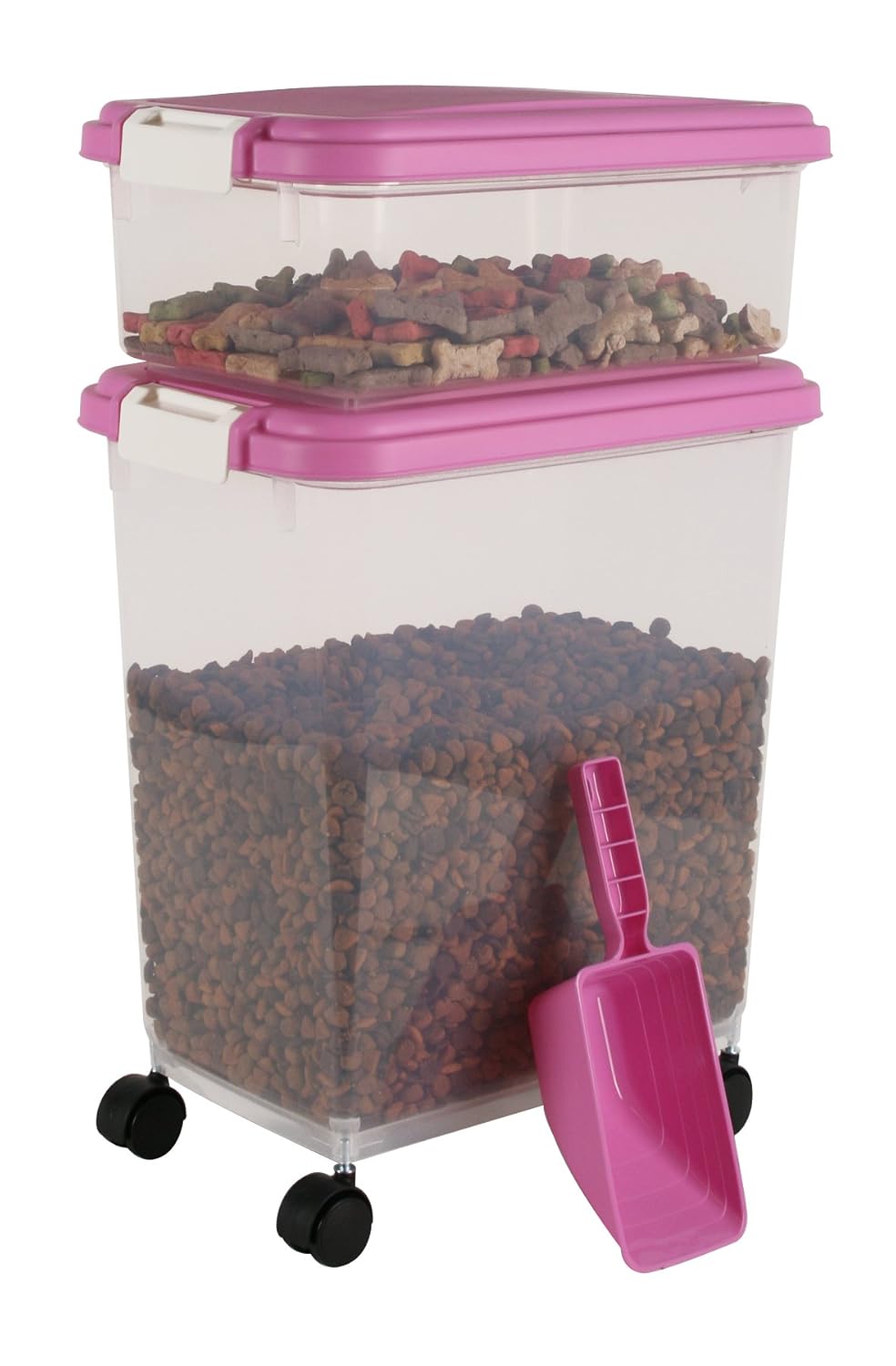 NEW Pet Food Container Combo Kit Chrome Scoop Measure Wheels Airtight